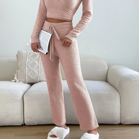 Baby Pink Preppy Womens Surplice Neck Crop Sweater & Drawstring Waist Knit Pants - Picture 5 of 5